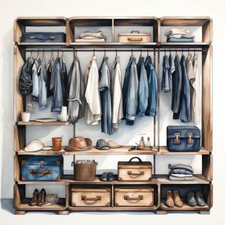 Wardrobe with clothes, shoes, and accessories.の素材