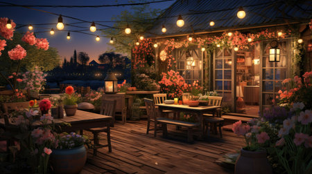 a cozy terrace in the garden at nightの素材