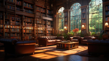 Luxury library interior with bookshelves and armchairs.の素材