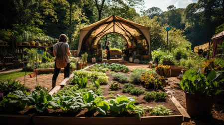 Young woman in a garden with a tent in the background, back viewの素材