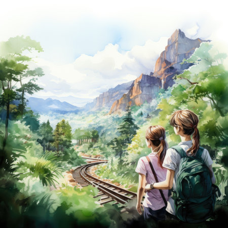 Two girls with backpacks standing on the railway track and looking at the mountainsの素材