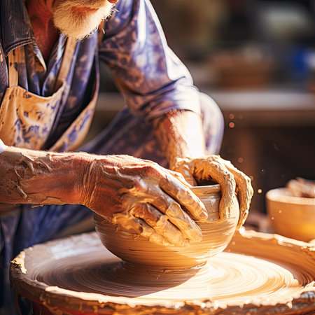 Hands of a potter, creating an earthen jarの素材