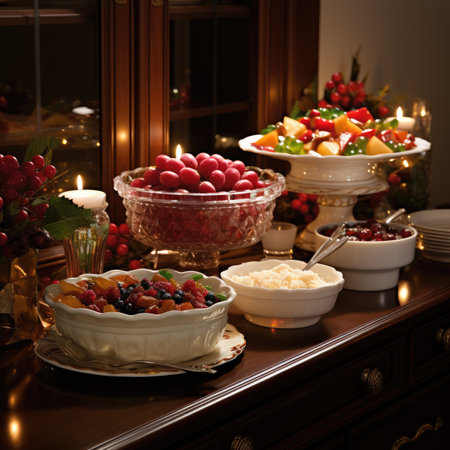 Christmas table with a variety of candied fruits, berries and nutsの素材