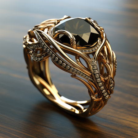 Jewelry ring with diamond on wooden background.の素材