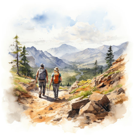 Hikers on the trail in the mountains. Watercolor painting.の素材