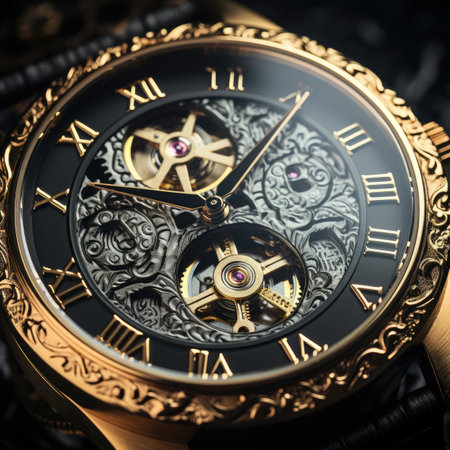 Closeup of luxury wristwatch on dark background. Time concept.の素材