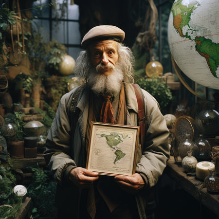 The elderly man in a beret with an old map in his handsの素材