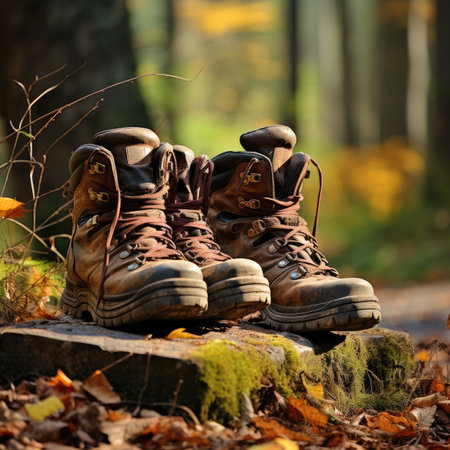 Pair of hiking boots on a stone in the autumn forest.の素材
