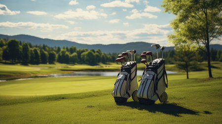 golf clubs in bags on the golf course with a beautiful landscape in the backgroundの素材