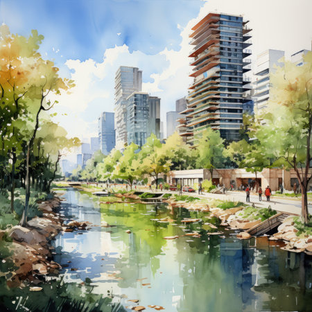 Watercolor illustration of a modern city park with buildings and skyscrapersの素材