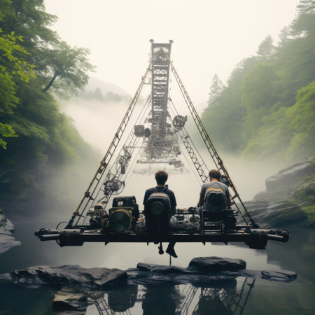 Couple sitting on a bridge over a river in the forest.の素材