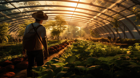 Silhouette of farmer working in the vegetable garden at sunset.の素材