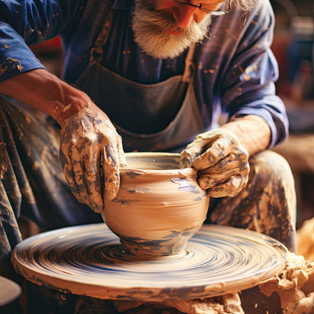 Hands of the potter, creating an earthen jarの素材