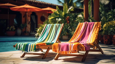 Colorful deck chairs near swimming pool in hotel resort - vintage filterの素材