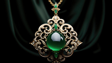 Emerald pendant on black satin background. 3D renderingの素材