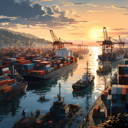Container Cargo freight ship with working crane bridge at sunset for Logistic Import Export backgroundの素材