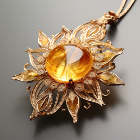 Beautiful golden pendant with precious stones on grey background, closeupの素材