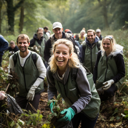 Group of volunteers picking up leaves in forest on a sunny autumn dayの素材