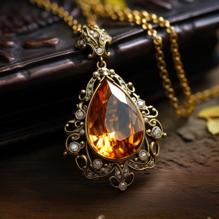 Vintage gold pendant with gemstone on a wooden background.の素材