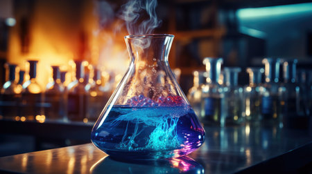 Laboratory glassware with blue liquid on table. Science and chemistry backgroundの素材