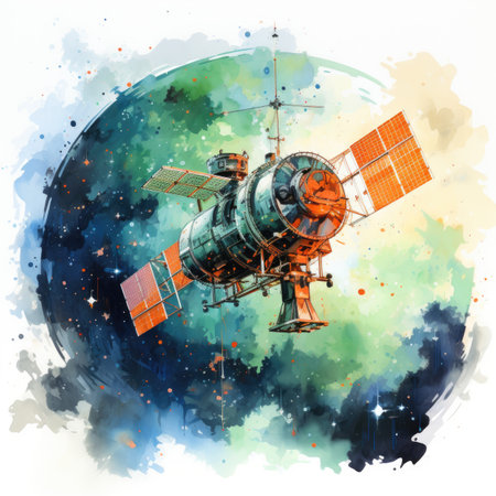 Space station on the background of the night sky. Watercolor illustration.の素材