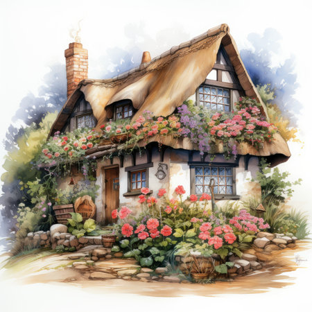 Watercolor painting of a rustic cottage in the countryside with flowersの素材