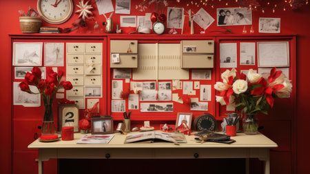 Interior of a red office with a lot of vintage items.の素材