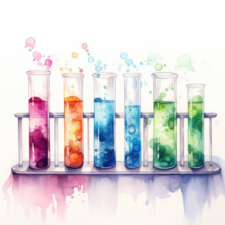 Test-tubes with colorful liquid in watercolor style on white backgroundの素材