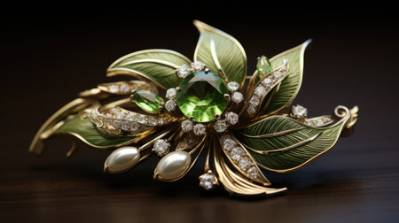 jewelry brooch with green leaves on a dark background.の素材