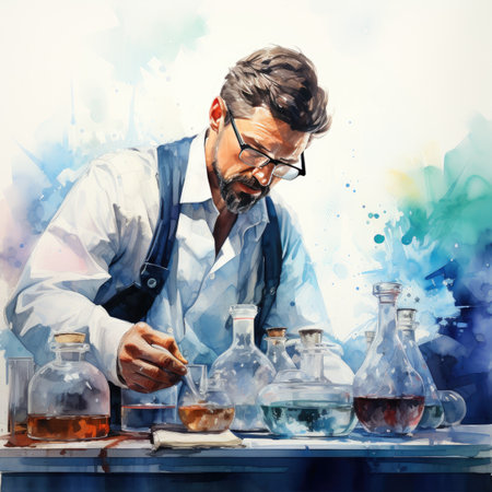 Portrait of a male scientist working in a laboratory. He is holding a flask and a test tube.の素材