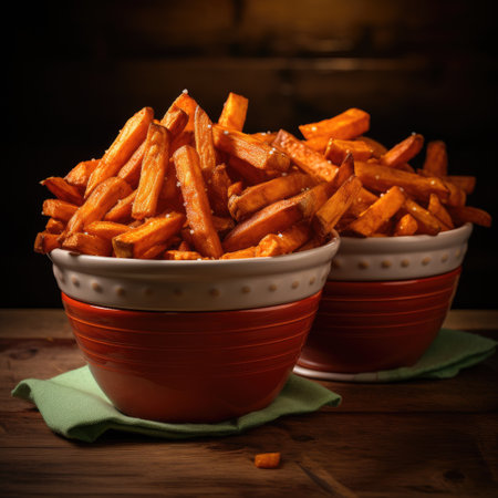 Bowls of sweet potato fries on wooden table. Toned.の素材