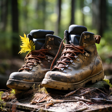 Old hiking boots with autumn leaves in the forest. Selective focus.の素材