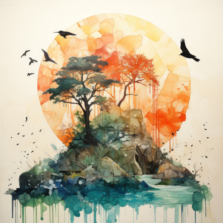 Abstract watercolor landscape with trees and birds. Digital art painting.の素材