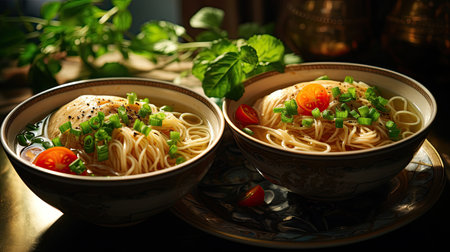 Bowls of noodles with chicken and vegetables on a dark backgroundの素材