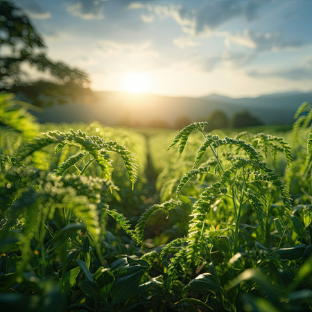 Green nettle field at sunset. Beautiful natural background. Nature composition.の素材