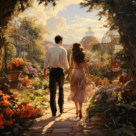 Couple in love walking in the garden. Romantic couple in loveの素材