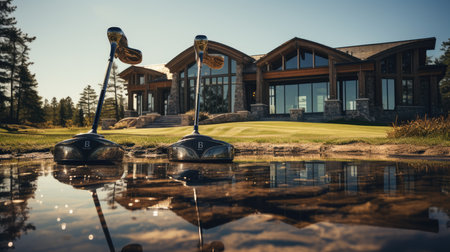 Golf club on the lake with reflection in the water. Reflection of the house in the water.の素材