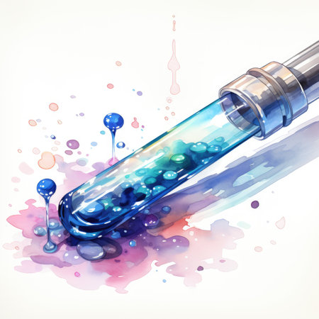 a syringe filled with blue liquid on white backgroundの素材