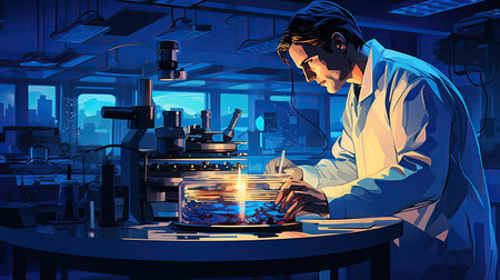 a scientist working in a laboratory with a microscope.の素材