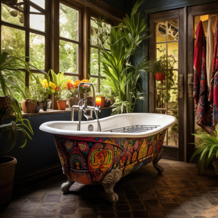 Bathroom interior with large tub, window and plants in potsの素材