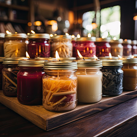 Candles in glass jars on a wooden shelf in a coffee shopの素材