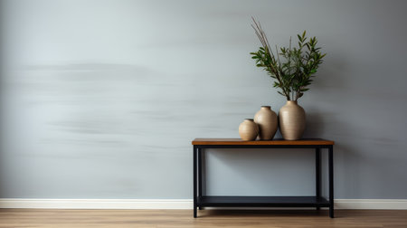 Interior of a modern living room with a wooden bench and vasesの素材