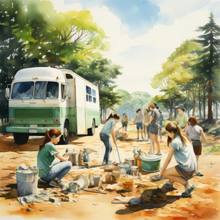 Group of volunteers cleaning up rubbish in the park. Watercolor painting.の素材