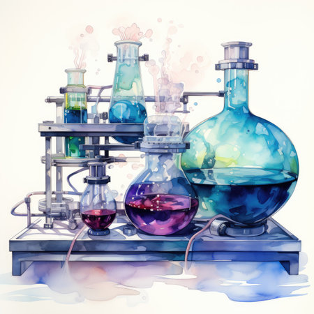 Watercolor Laboratory glassware with colored liquids.の素材
