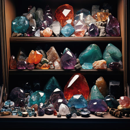 Variety of semigem crystals on display in a shop windowの素材