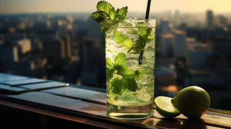 Mojito cocktail with lime and mint on the background of the cityの素材