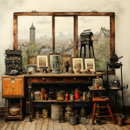 Vintage photo of old things in a room with a city viewの素材