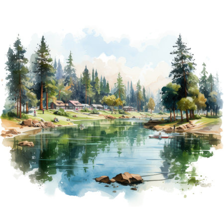 Watercolor lake in the forest.の素材