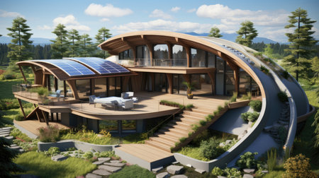 a modern house with solar panels on the roofの素材