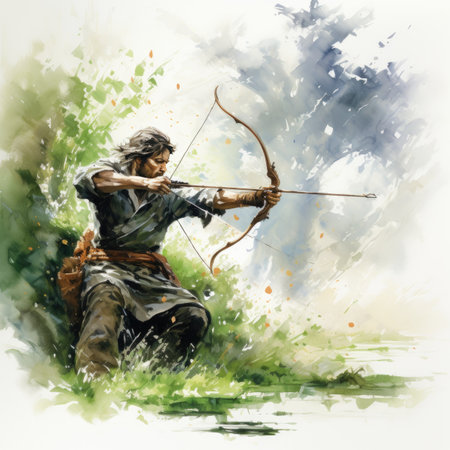 Watercolor young man with bow and arrow in the nature.の素材